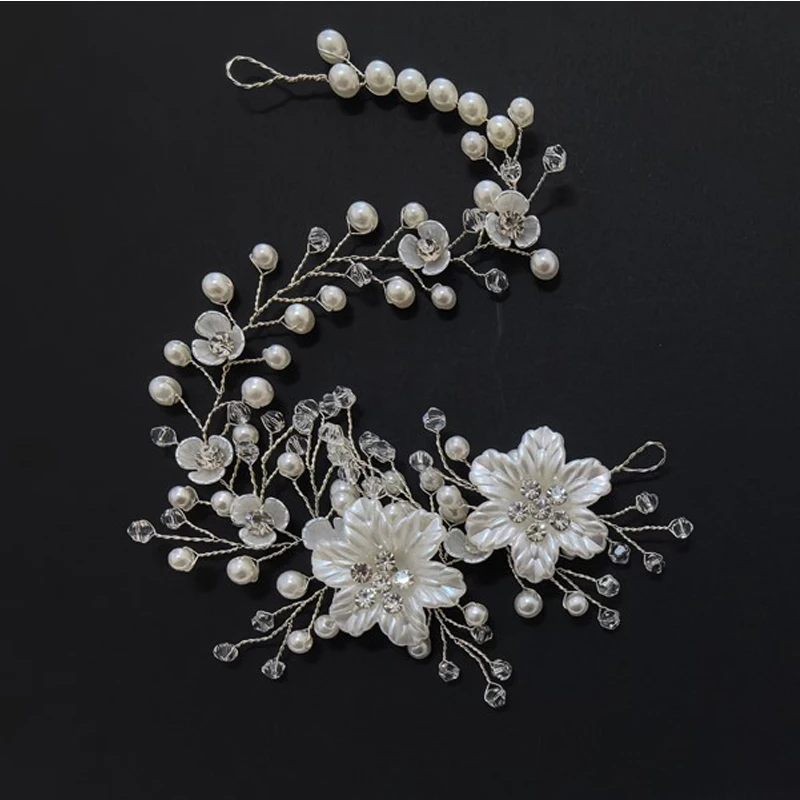 Imitation Pearl White Flower Hair Band Handmade Rhinestone Headband Women Bridal Headwear Wedding Party Hair Accessories