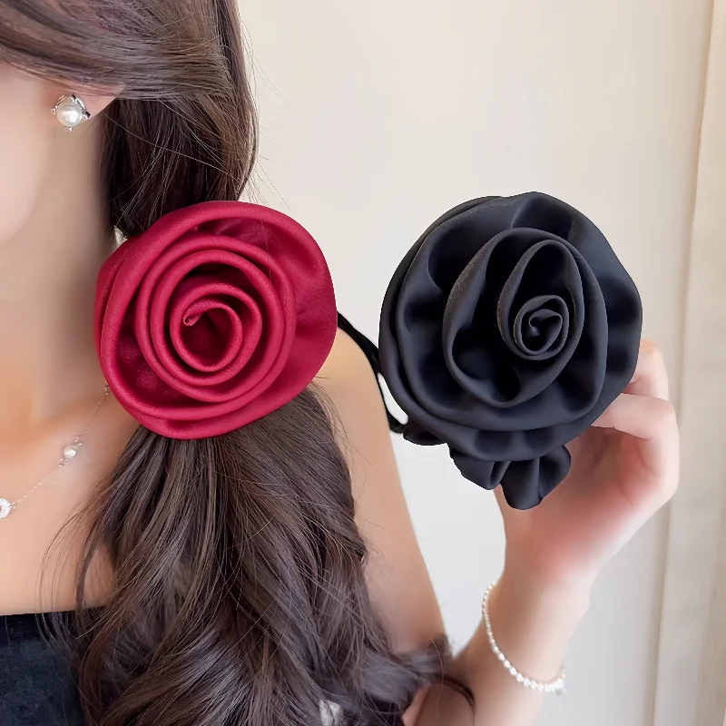2024 Autumn Classic Bordeaux Satin Hair Ties with Vintage Rose Design FrenchStyle Rose Shape Scrunchies Elegant Hair Accessories