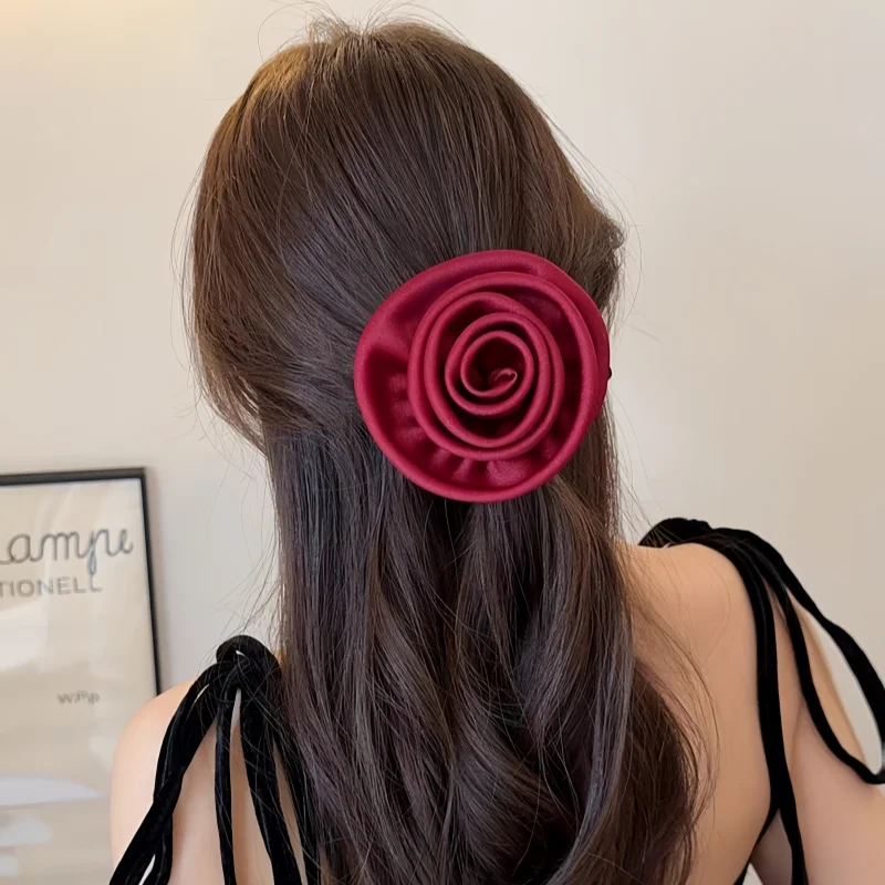 2024 Autumn Classic Bordeaux Satin Hair Ties with Vintage Rose Design FrenchStyle Rose Shape Scrunchies Elegant Hair Accessories