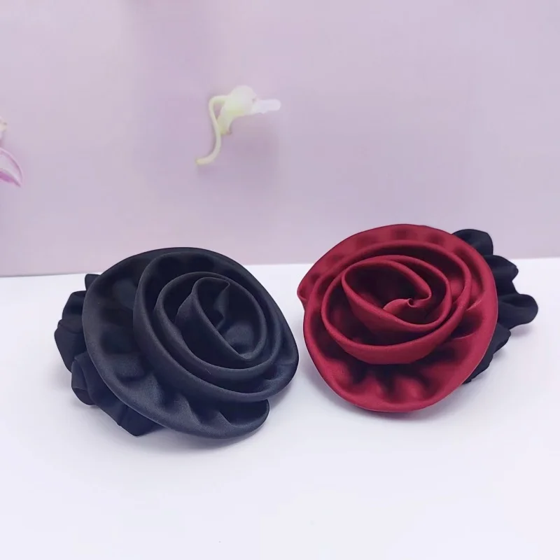 2024 Autumn Classic Bordeaux Satin Hair Ties with Vintage Rose Design FrenchStyle Rose Shape Scrunchies Elegant Hair Accessories