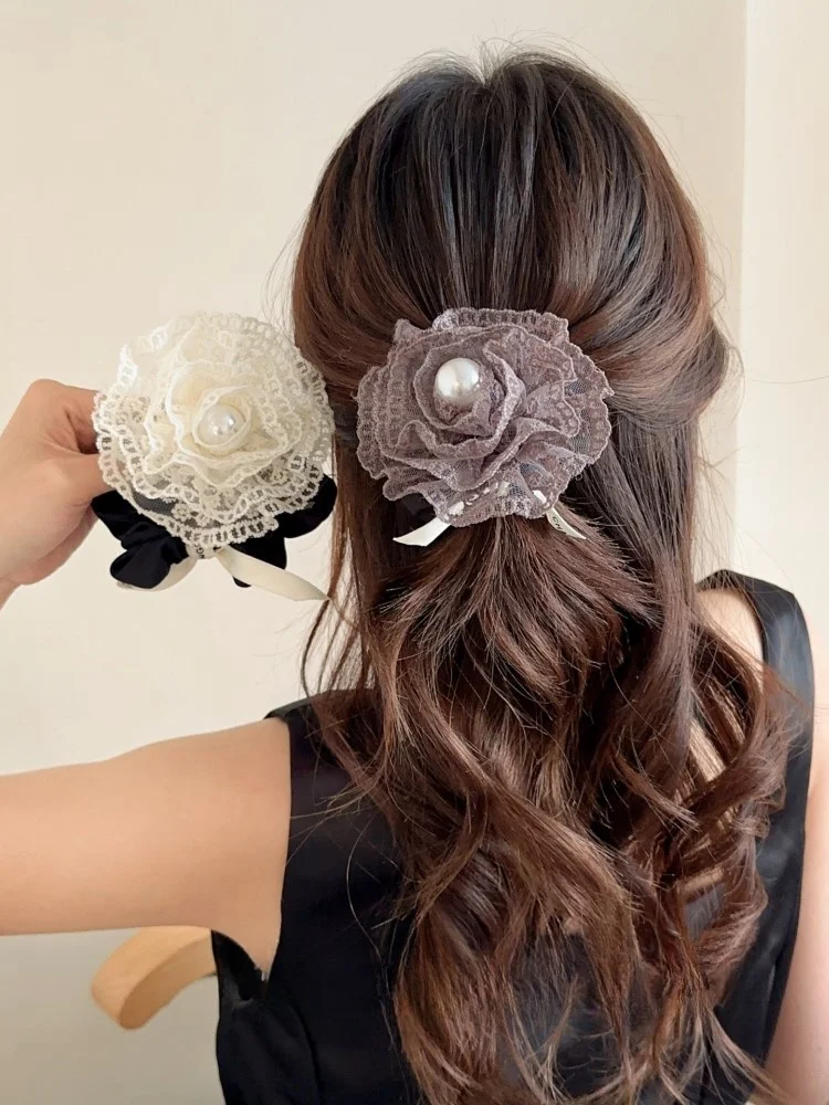 2024 Autumn Classic Bordeaux Satin Hair Ties with Vintage Rose Design FrenchStyle Rose Shape Scrunchies Elegant Hair Accessories