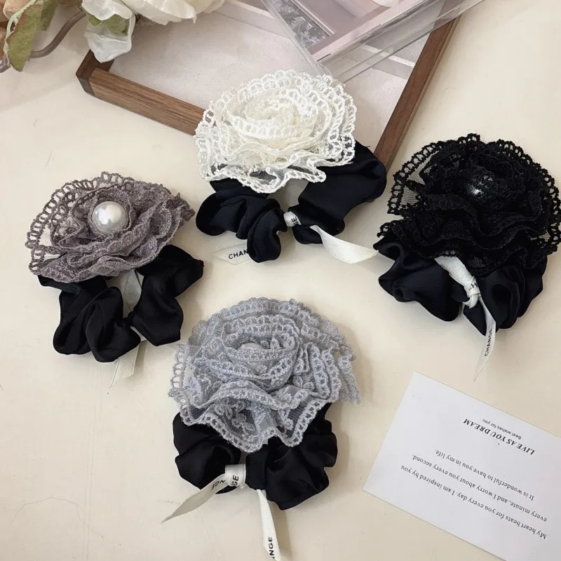 2024 Autumn Classic Bordeaux Satin Hair Ties with Vintage Rose Design FrenchStyle Rose Shape Scrunchies Elegant Hair Accessories