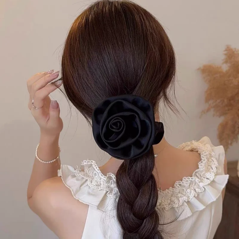 2024 Autumn Classic Bordeaux Satin Hair Ties with Vintage Rose Design FrenchStyle Rose Shape Scrunchies Elegant Hair Accessories