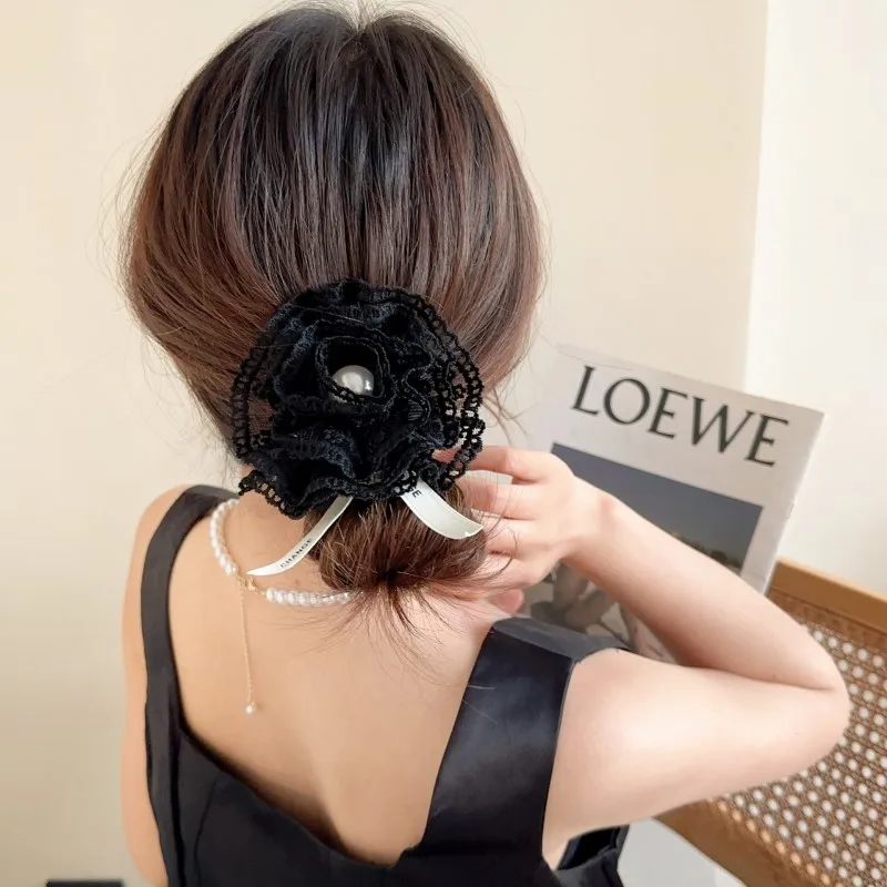 2024 Autumn Classic Bordeaux Satin Hair Ties with Vintage Rose Design FrenchStyle Rose Shape Scrunchies Elegant Hair Accessories