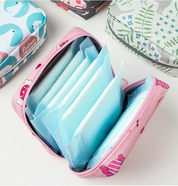Women Sanitary Napkin Tampon Storage Bag Cute Makeup Pouches Zipper Women Cosmetic Lipstick Key Earphone Data Cables Organizer