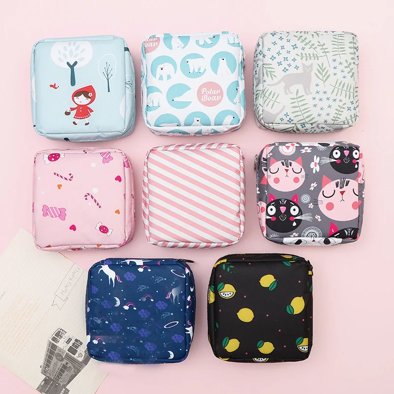 Women Sanitary Napkin Tampon Storage Bag Cute Makeup Pouches Zipper Women Cosmetic Lipstick Key Earphone Data Cables Organizer