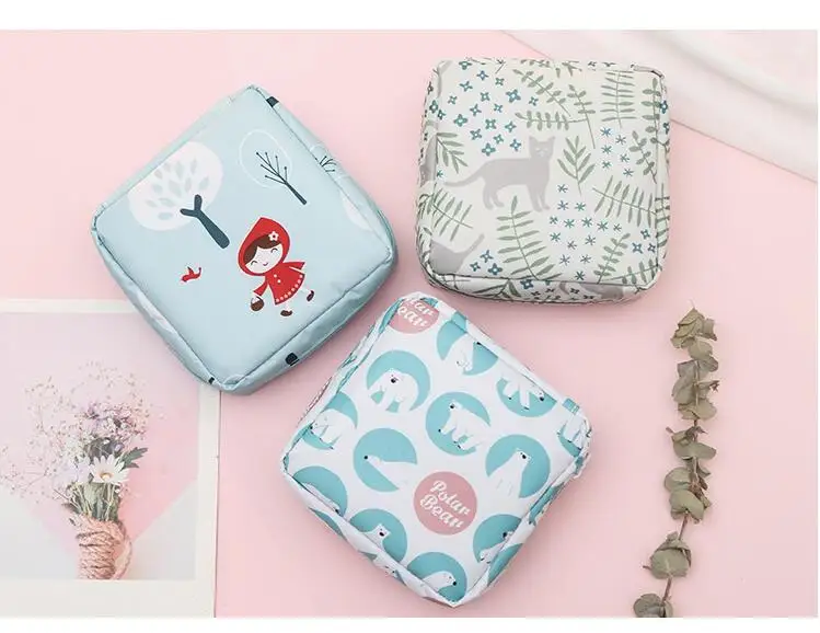 Women Sanitary Napkin Tampon Storage Bag Cute Makeup Pouches Zipper Women Cosmetic Lipstick Key Earphone Data Cables Organizer