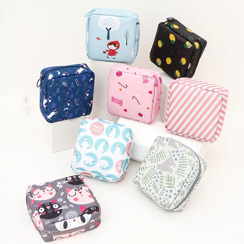 Women Sanitary Napkin Tampon Storage Bag Cute Makeup Pouches Zipper Women Cosmetic Lipstick Key Earphone Data Cables Organizer