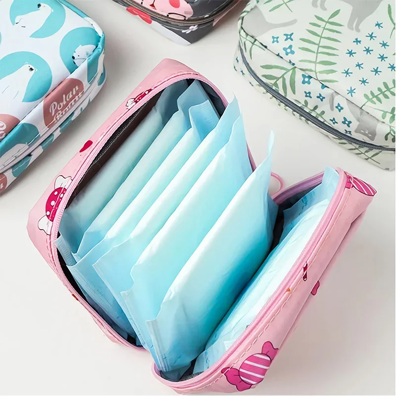 Women Sanitary Napkin Tampon Storage Bag Cute Makeup Pouches Zipper Women Cosmetic Lipstick Key Earphone Data Cables Organizer