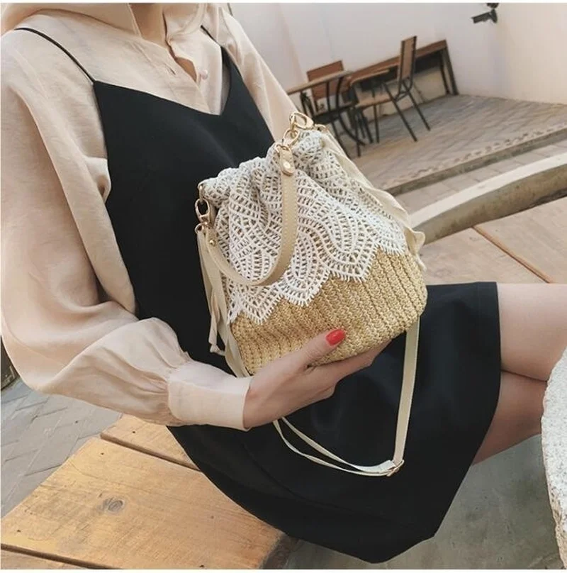 New Straw Plaited Article Women Lace Bucket Bag Causal Holiday Beach Bag Elegant Lace Staw Bag Shoulder Crossbody Bag