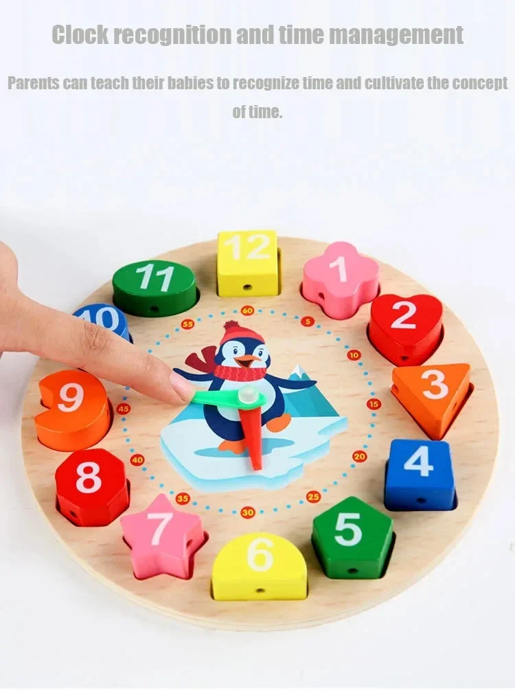 Wooden Blocks Puzzle Shape Number Color Sorting Clock Montessori Toys for Kids Early Education Penguin Patterns Time Learning
