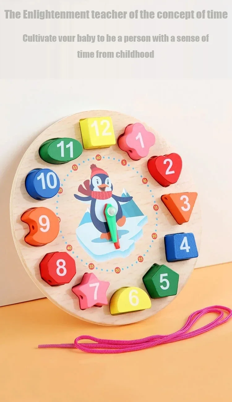 Wooden Blocks Puzzle Shape Number Color Sorting Clock Montessori Toys for Kids Early Education Penguin Patterns Time Learning