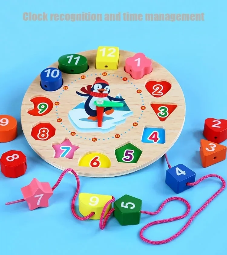 Wooden Blocks Puzzle Shape Number Color Sorting Clock Montessori Toys for Kids Early Education Penguin Patterns Time Learning