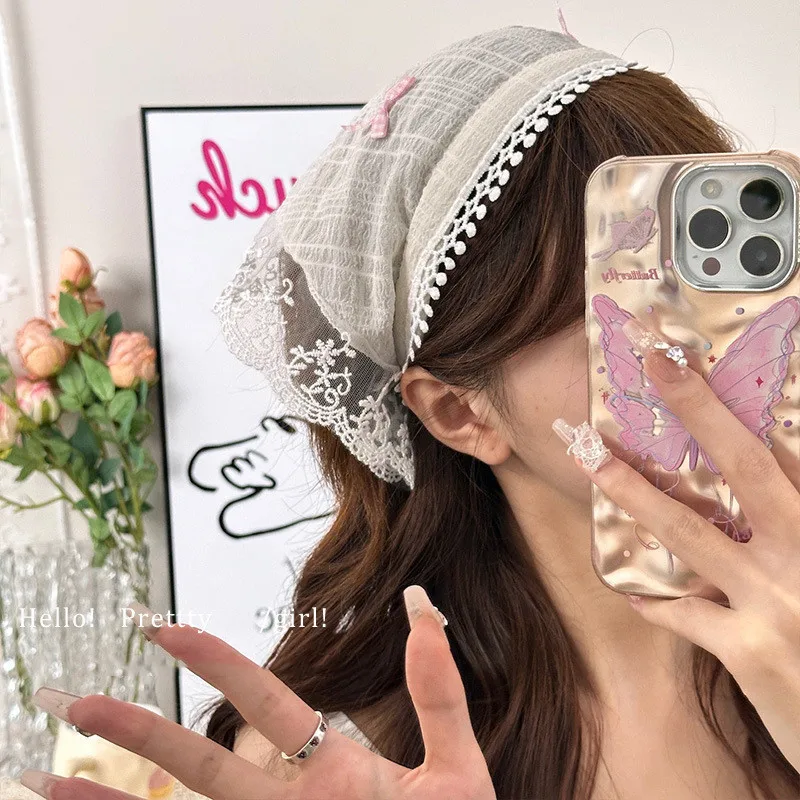 Pastoral Style Lace Bowknot Headscarf Hairhoop Turbans Triangle Scarf Hair Band Sweet Trendy Turban Girl Travel Hair Accessories