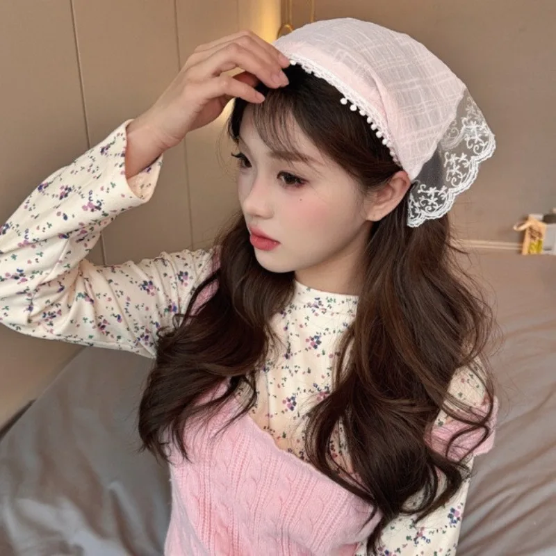 Pastoral Style Lace Bowknot Headscarf Hairhoop Turbans Triangle Scarf Hair Band Sweet Trendy Turban Girl Travel Hair Accessories