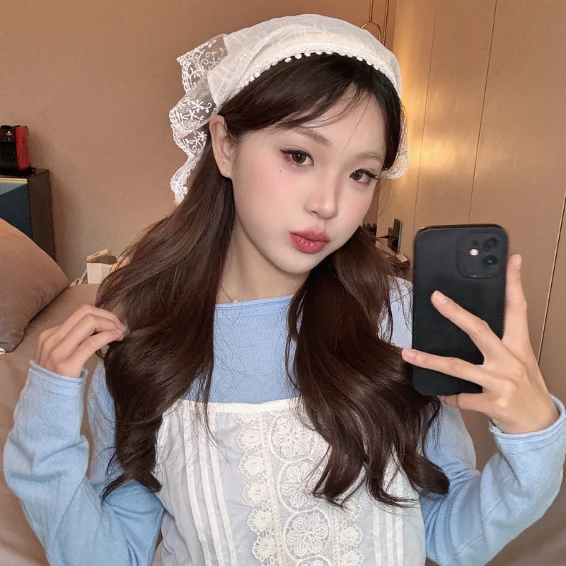 Pastoral Style Lace Bowknot Headscarf Hairhoop Turbans Triangle Scarf Hair Band Sweet Trendy Turban Girl Travel Hair Accessories