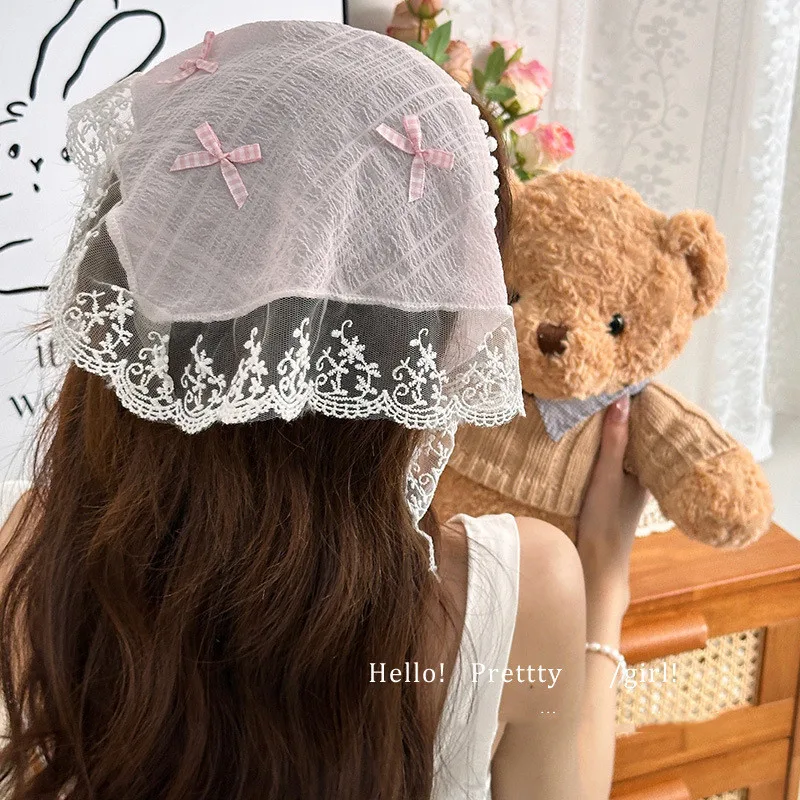 Pastoral Style Lace Bowknot Headscarf Hairhoop Turbans Triangle Scarf Hair Band Sweet Trendy Turban Girl Travel Hair Accessories