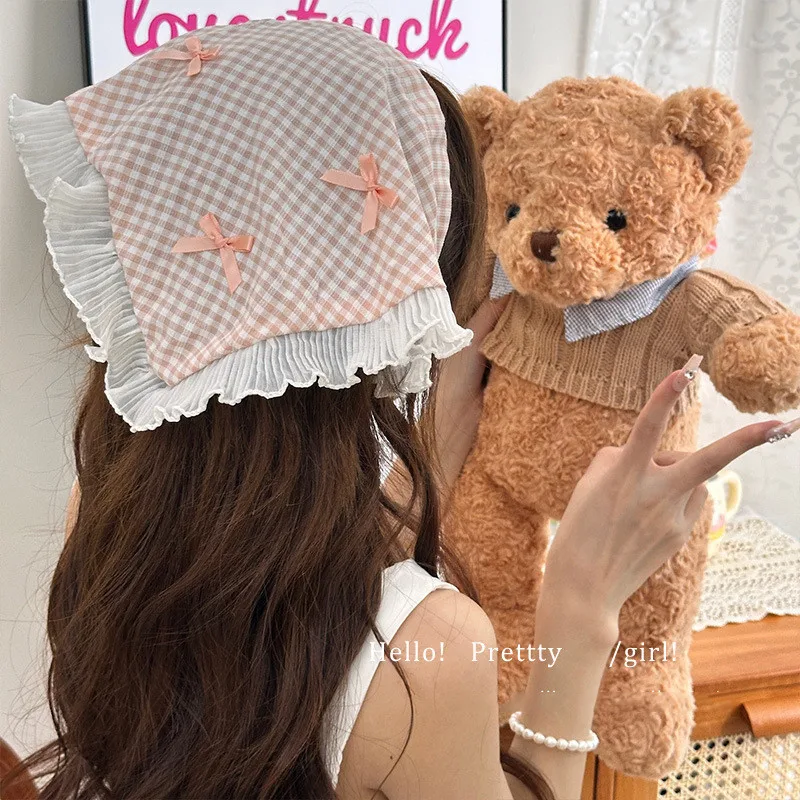 Pastoral Style Lace Bowknot Headscarf Hairhoop Turbans Triangle Scarf Hair Band Sweet Trendy Turban Girl Travel Hair Accessories