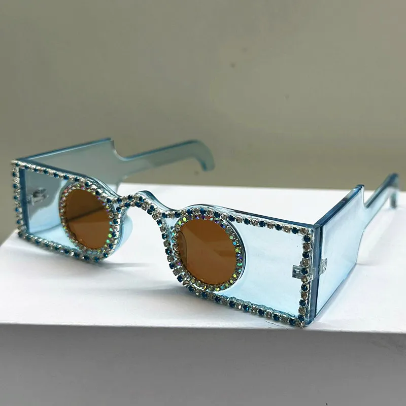 Unique Hand Diamond Square Women Sunglasses Luxury Rhinestone Small Round Lens Shades Female New Wide Legs Sun Glasses Men UV400