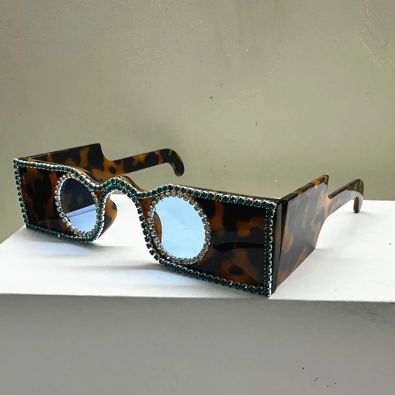 Unique Hand Diamond Square Women Sunglasses Luxury Rhinestone Small Round Lens Shades Female New Wide Legs Sun Glasses Men UV400