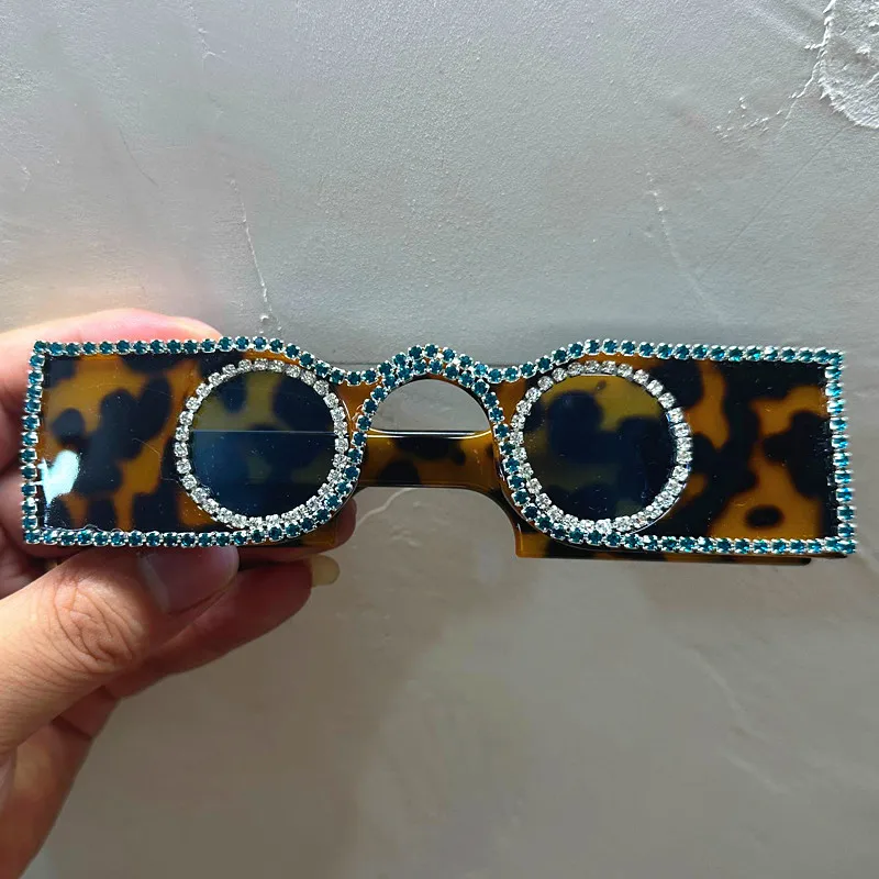 Unique Hand Diamond Square Women Sunglasses Luxury Rhinestone Small Round Lens Shades Female New Wide Legs Sun Glasses Men UV400