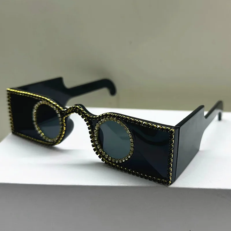 Unique Hand Diamond Square Women Sunglasses Luxury Rhinestone Small Round Lens Shades Female New Wide Legs Sun Glasses Men UV400