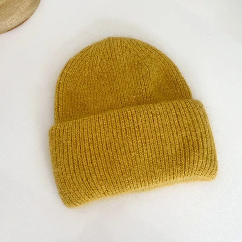 Fashion Warm Cashmere Wool Skullies Cap Angola Rabbit Fur Winter Knitted Beanies Women Female Ski Outdoor Solid Color Hats