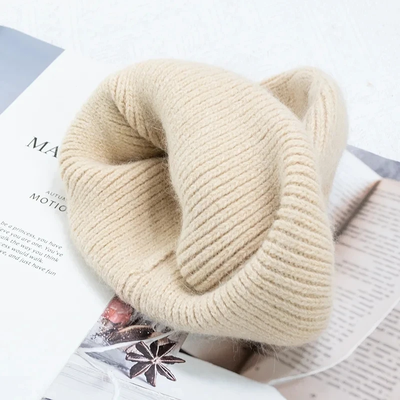 Fashion Warm Cashmere Wool Skullies Cap Angola Rabbit Fur Winter Knitted Beanies Women Female Ski Outdoor Solid Color Hats