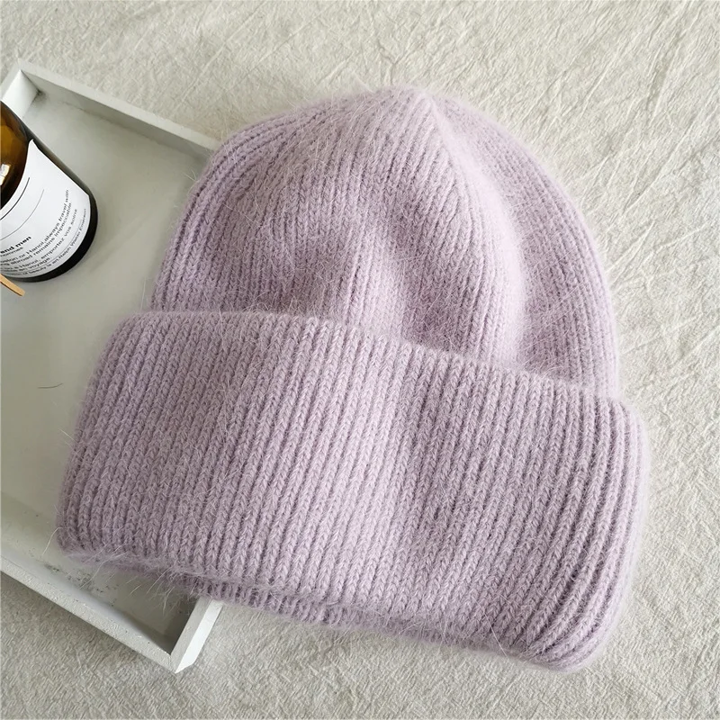 Fashion Warm Cashmere Wool Skullies Cap Angola Rabbit Fur Winter Knitted Beanies Women Female Ski Outdoor Solid Color Hats
