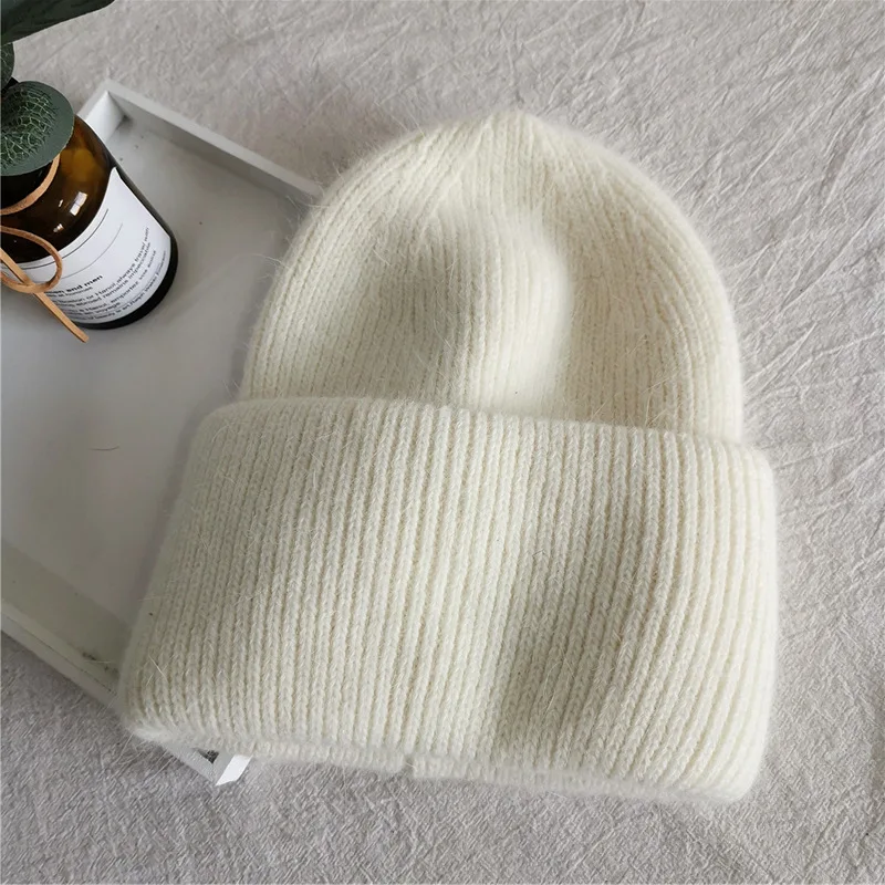 Fashion Warm Cashmere Wool Skullies Cap Angola Rabbit Fur Winter Knitted Beanies Women Female Ski Outdoor Solid Color Hats