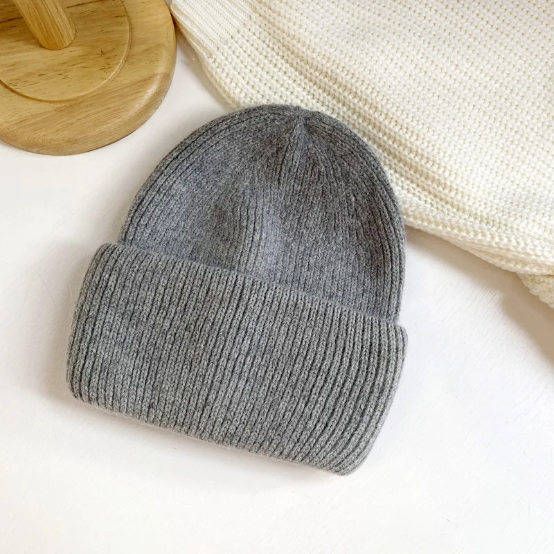Fashion Warm Cashmere Wool Skullies Cap Angola Rabbit Fur Winter Knitted Beanies Women Female Ski Outdoor Solid Color Hats