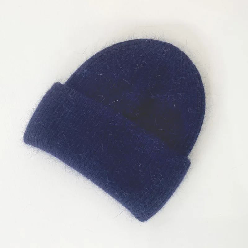 Fashion Warm Cashmere Wool Skullies Cap Angola Rabbit Fur Winter Knitted Beanies Women Female Ski Outdoor Solid Color Hats