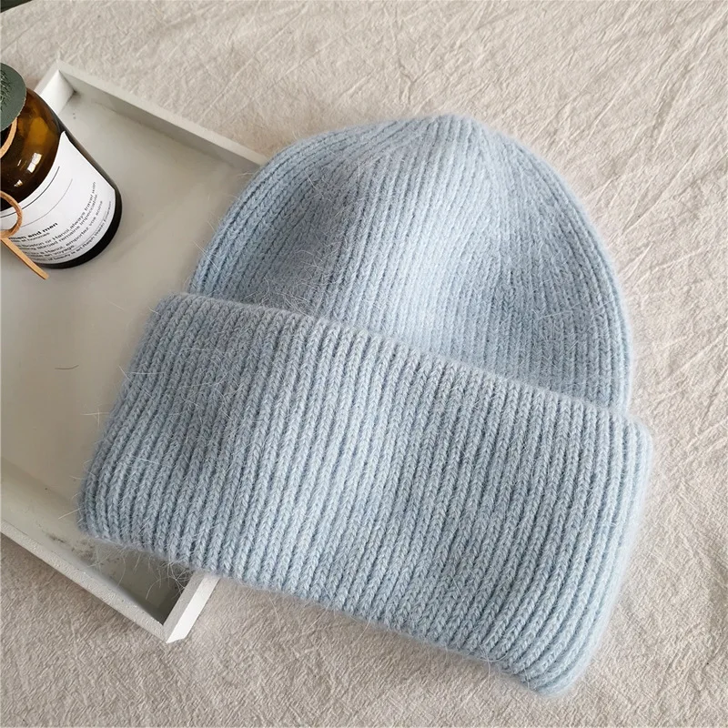 Fashion Warm Cashmere Wool Skullies Cap Angola Rabbit Fur Winter Knitted Beanies Women Female Ski Outdoor Solid Color Hats