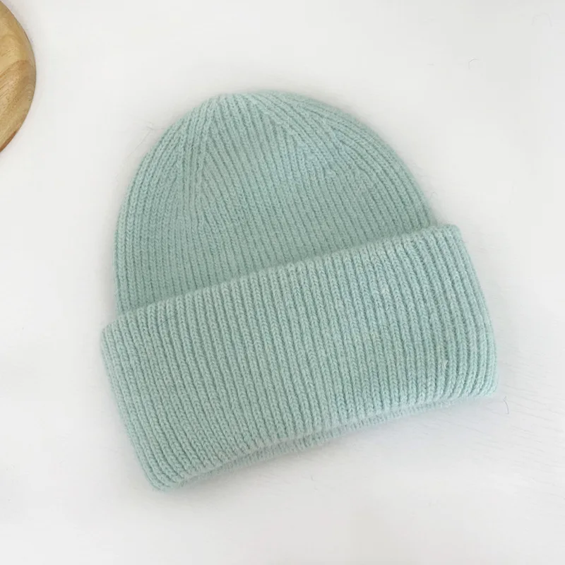 Fashion Warm Cashmere Wool Skullies Cap Angola Rabbit Fur Winter Knitted Beanies Women Female Ski Outdoor Solid Color Hats