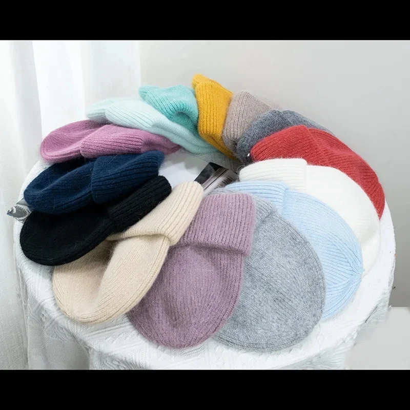 Fashion Warm Cashmere Wool Skullies Cap Angola Rabbit Fur Winter Knitted Beanies Women Female Ski Outdoor Solid Color Hats