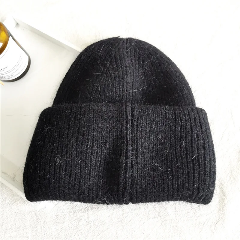 Fashion Warm Cashmere Wool Skullies Cap Angola Rabbit Fur Winter Knitted Beanies Women Female Ski Outdoor Solid Color Hats