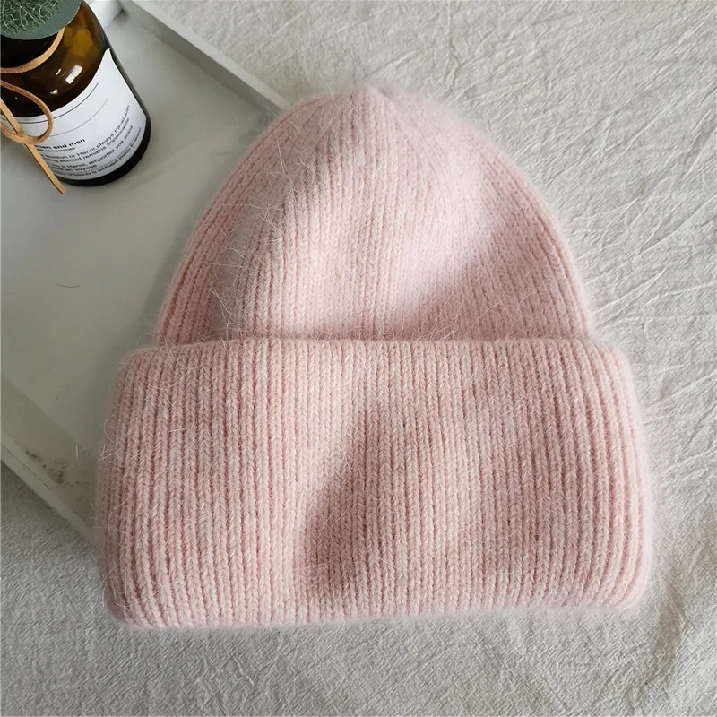 Fashion Warm Cashmere Wool Skullies Cap Angola Rabbit Fur Winter Knitted Beanies Women Female Ski Outdoor Solid Color Hats