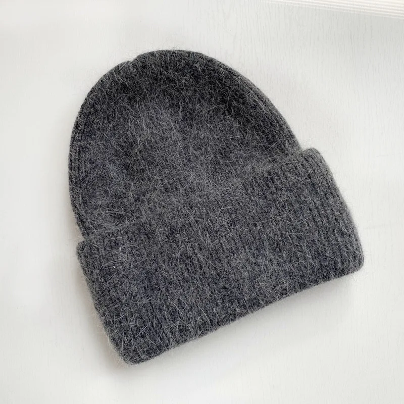 Fashion Warm Cashmere Wool Skullies Cap Angola Rabbit Fur Winter Knitted Beanies Women Female Ski Outdoor Solid Color Hats