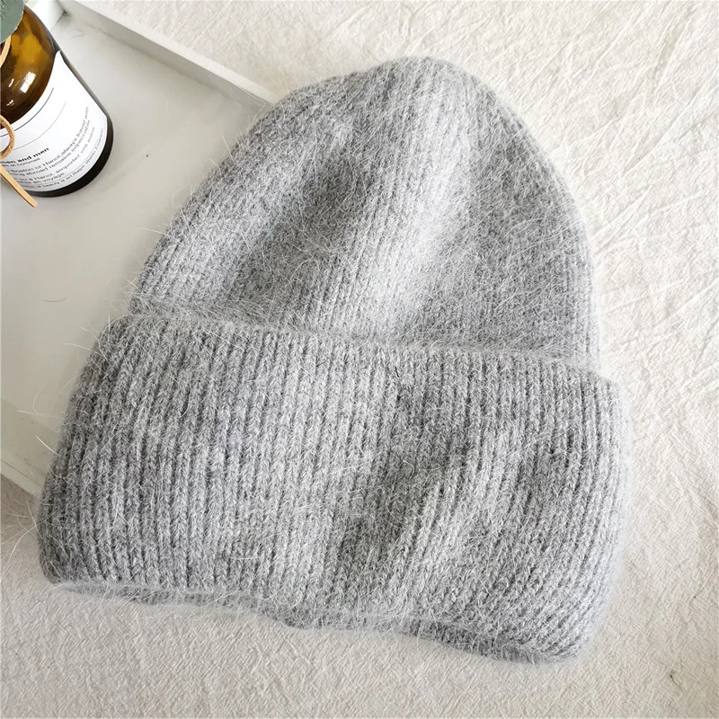 Fashion Warm Cashmere Wool Skullies Cap Angola Rabbit Fur Winter Knitted Beanies Women Female Ski Outdoor Solid Color Hats