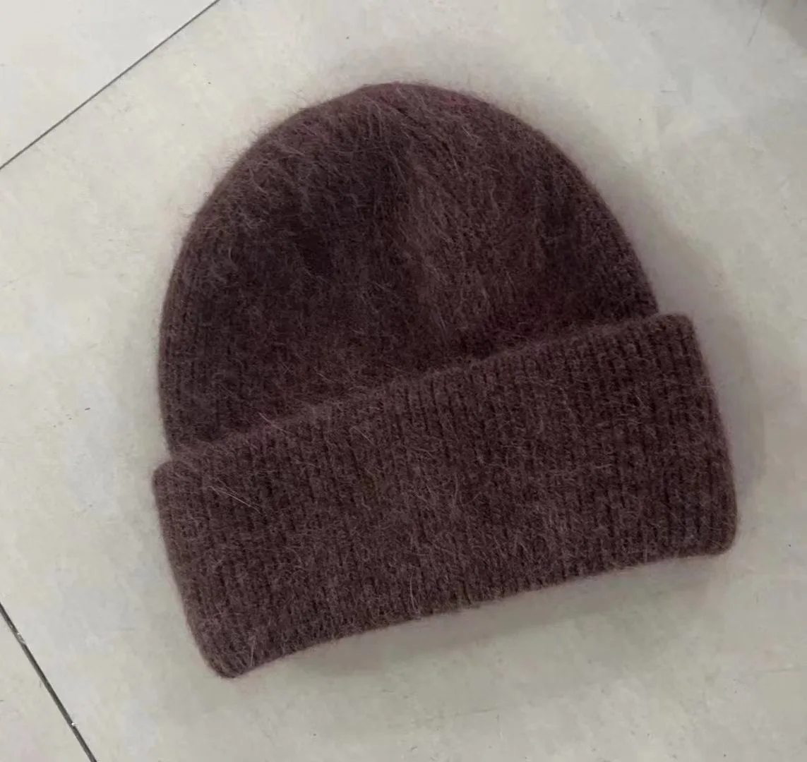 Fashion Warm Cashmere Wool Skullies Cap Angola Rabbit Fur Winter Knitted Beanies Women Female Ski Outdoor Solid Color Hats
