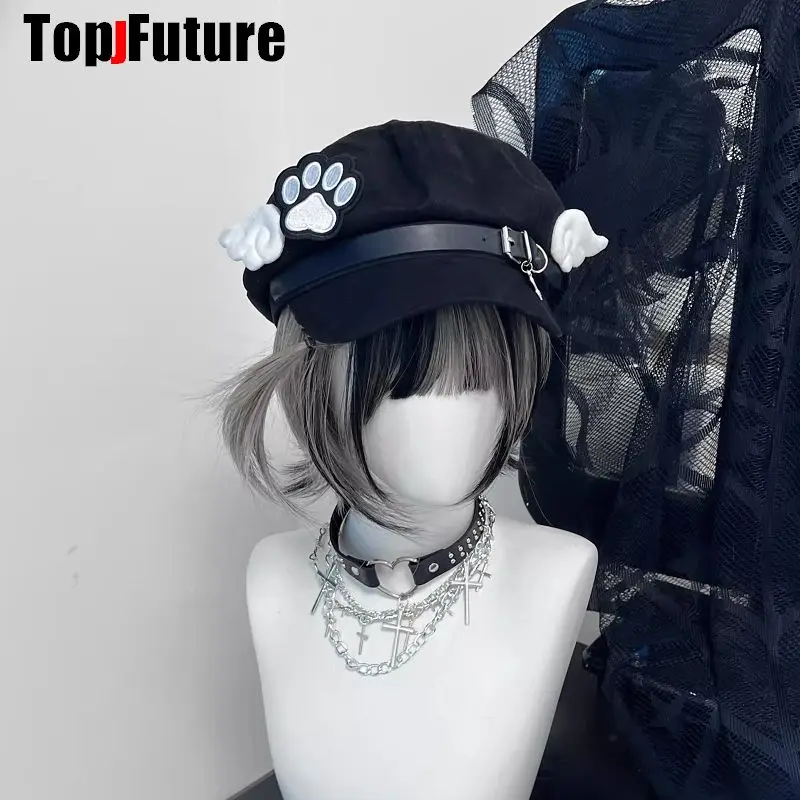 Wholesale Custom Made Customized Women Harajuku Gothic Lolita Beret Hat Cap Y2K Girl Angel Wing Dog Paw Handmade Sun Hats