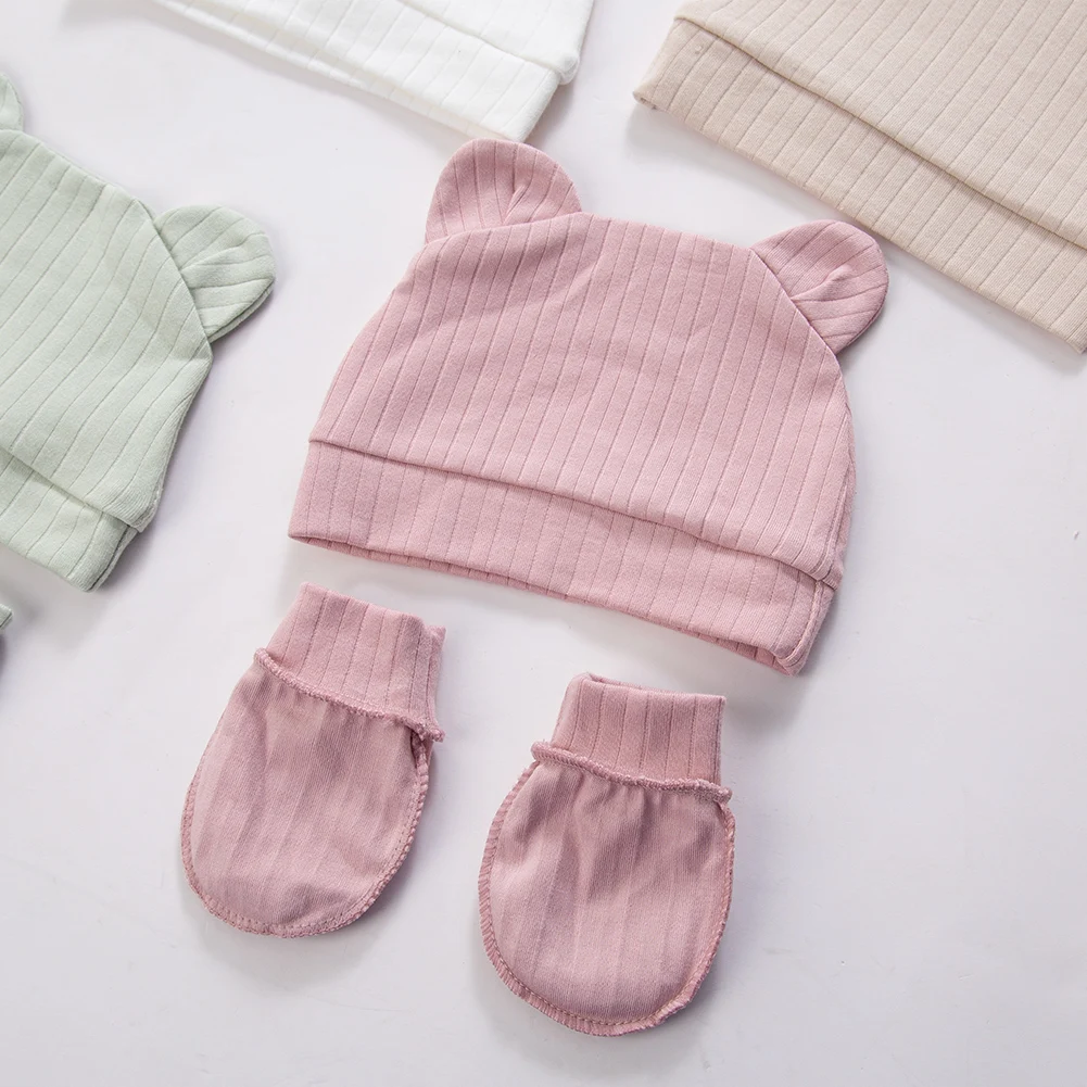 3Pcs/set Cotton Newborn Hats Caps Mittens Foot Cover Infant Felt Cute Bear Headwraps Baby Gloves Socks 0-3M Beanies
