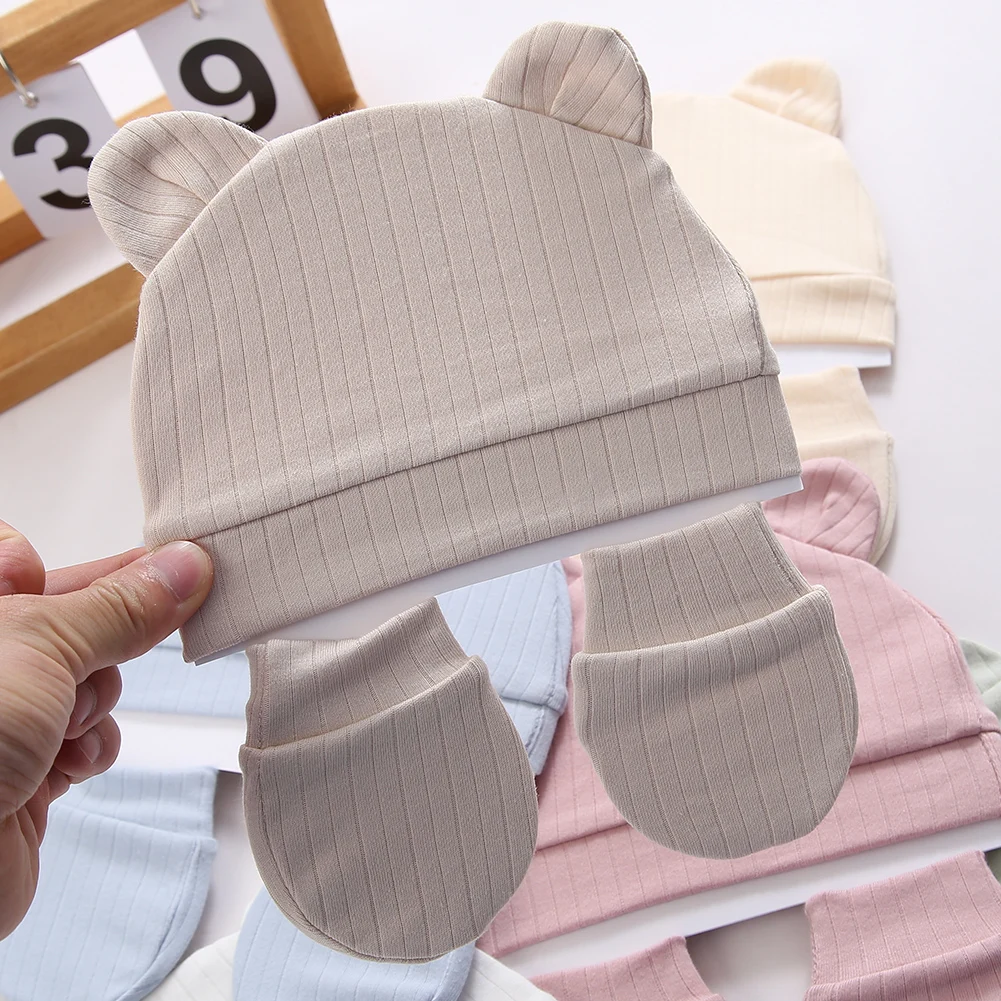 3Pcs/set Cotton Newborn Hats Caps Mittens Foot Cover Infant Felt Cute Bear Headwraps Baby Gloves Socks 0-3M Beanies