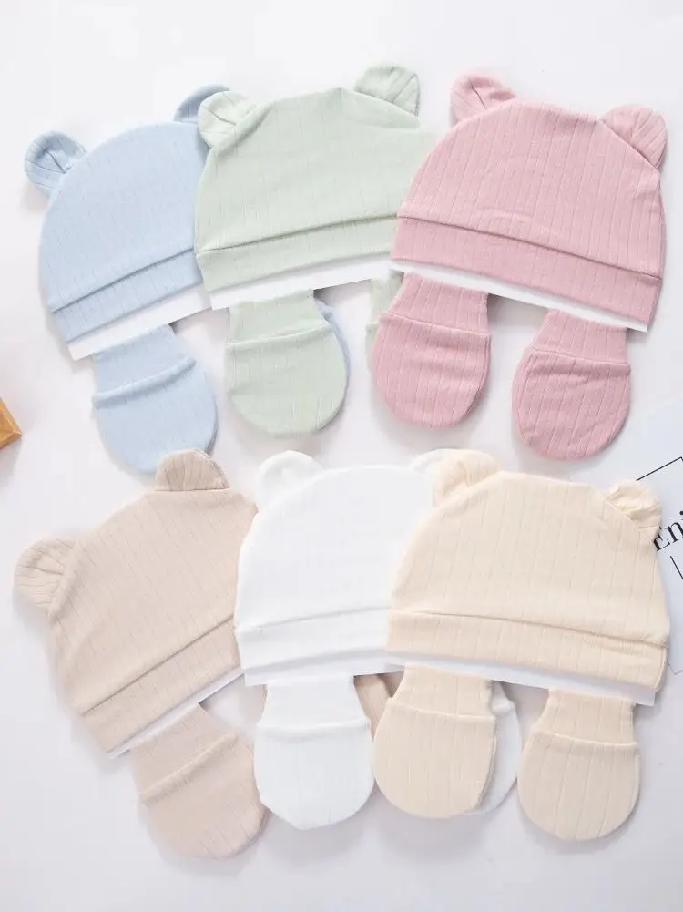 3Pcs/set Cotton Newborn Hats Caps Mittens Foot Cover Infant Felt Cute Bear Headwraps Baby Gloves Socks 0-3M Beanies