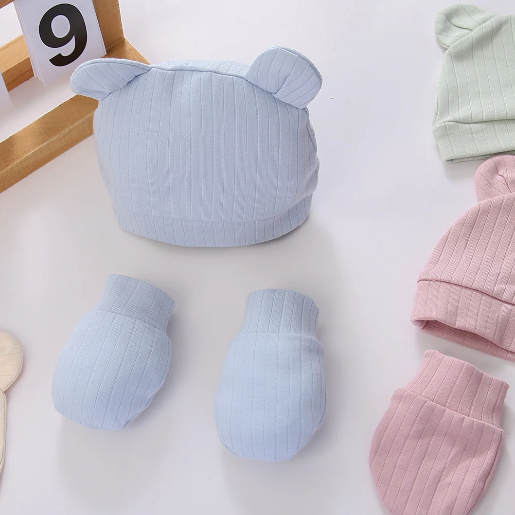 3Pcs/set Cotton Newborn Hats Caps Mittens Foot Cover Infant Felt Cute Bear Headwraps Baby Gloves Socks 0-3M Beanies