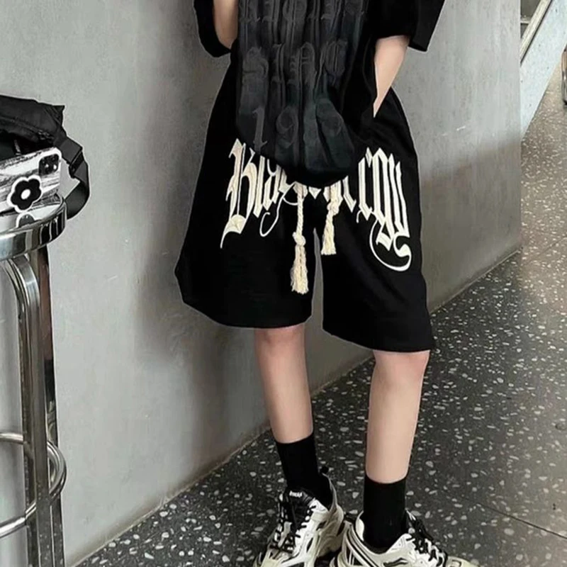 Y2K Drawstring Printing Shorts Women Fashion American Style Streetwear Sports Shorts BF Hip Hop Loose Casual Wide Leg Shorts
