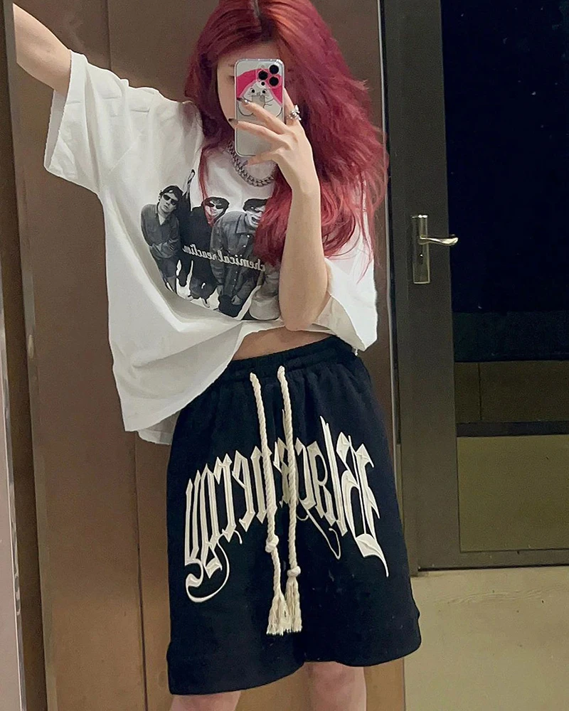 Y2K Drawstring Printing Shorts Women Fashion American Style Streetwear Sports Shorts BF Hip Hop Loose Casual Wide Leg Shorts