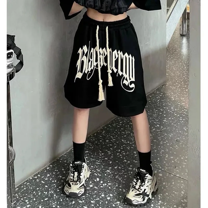 Y2K Drawstring Printing Shorts Women Fashion American Style Streetwear Sports Shorts BF Hip Hop Loose Casual Wide Leg Shorts
