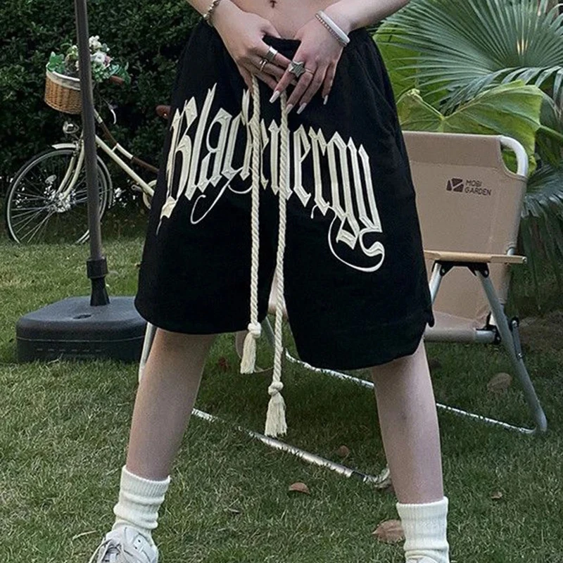 Y2K Drawstring Printing Shorts Women Fashion American Style Streetwear Sports Shorts BF Hip Hop Loose Casual Wide Leg Shorts