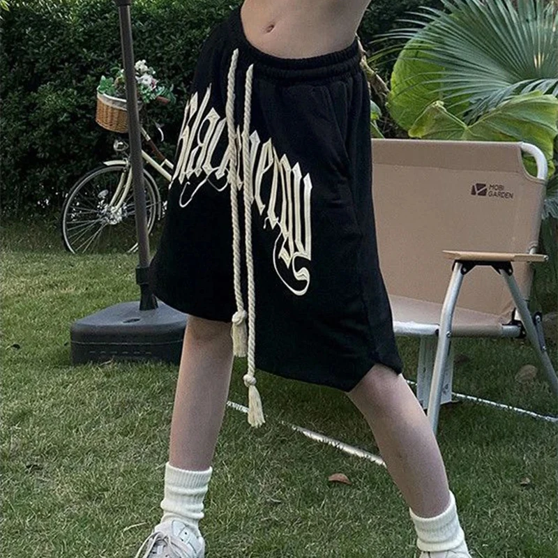 Y2K Drawstring Printing Shorts Women Fashion American Style Streetwear Sports Shorts BF Hip Hop Loose Casual Wide Leg Shorts